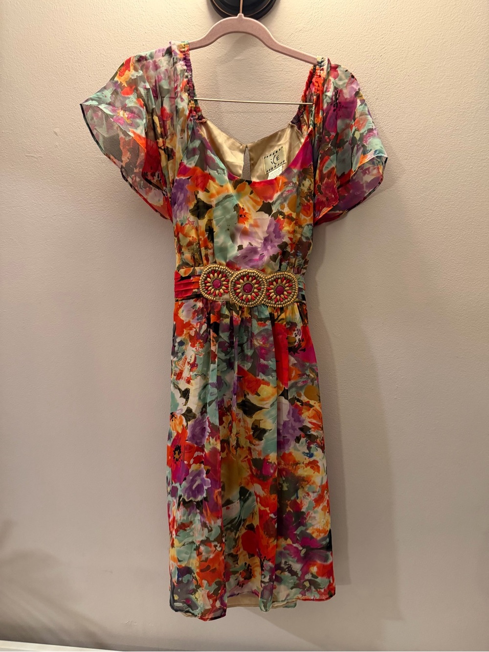 ICE Floral Chiffon Flutter Sleeve Dress Beaded Empire Waist Boho Size 12